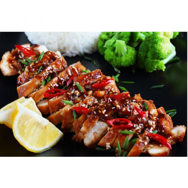 teriyaki chicken recipe Teriyaki Chicken garnished with sesame seeds and chilly with lime on the side.