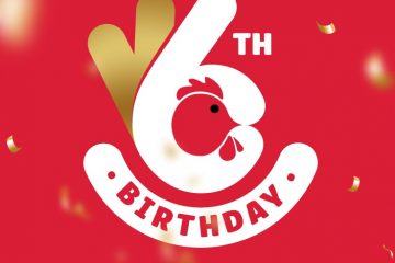 Licious 6th birthday logo -A white number 6 on a red background with the word 'birthday' written in red on a white background under it.