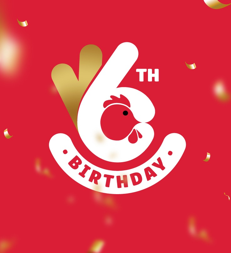 Licious 6th birthday logo -A white number 6 on a red background with the word 'birthday' written in red on a white background under it.