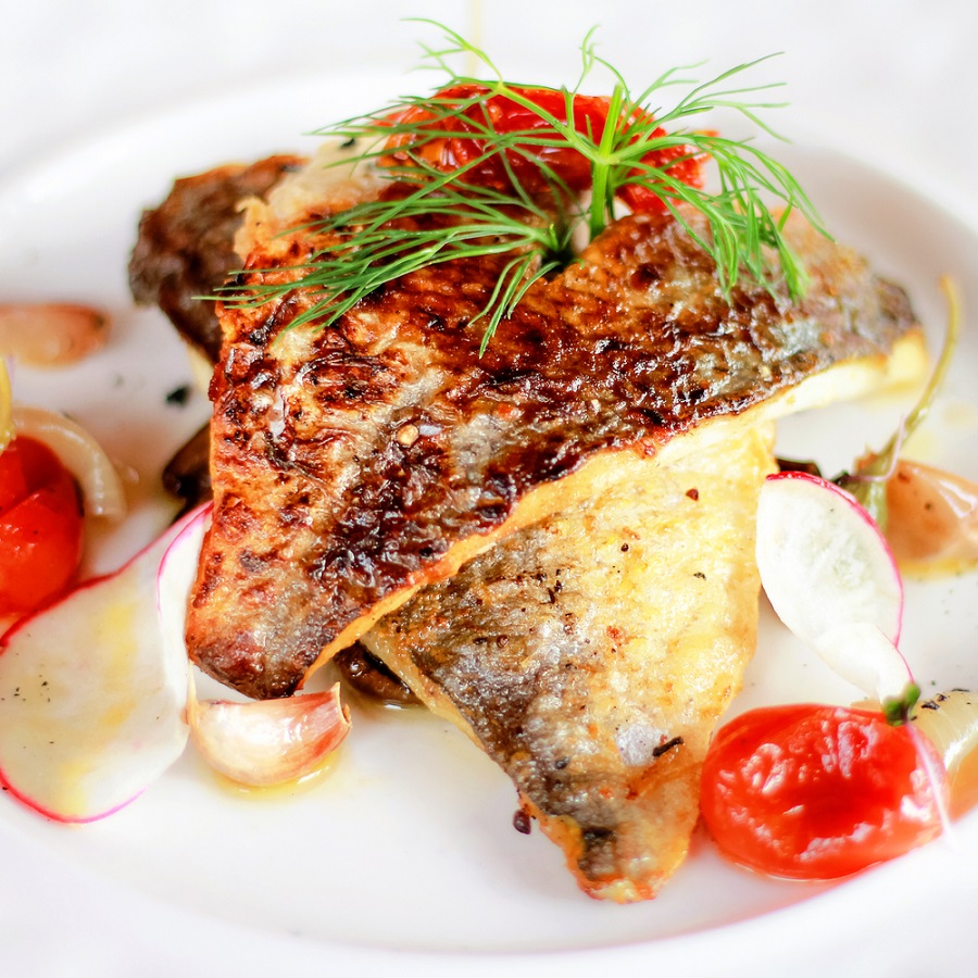 Grilled Red Snapper on a white plate, garnished with dill. Around the plate are slices of grilled onions and grilled cherry tomatoes.