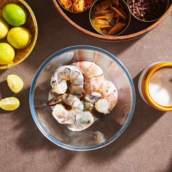 Tiger prawns in a bowl for Chingri Malai Curry