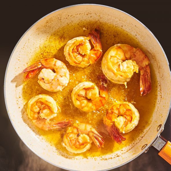 Tiger prawns in a frying pan