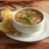 Chicken,Talumein Soup in a white soup bowl